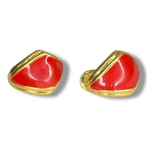 Vintage Monet Pierced Earrings Red Enamel Gold Tone Retro Curved Signed